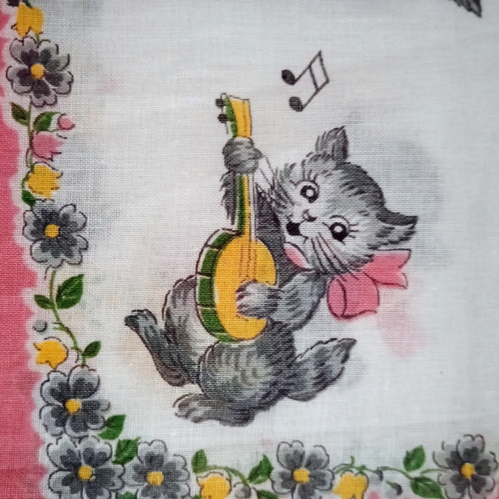 VTG NEW Never Used Crisp AnpromorphicPlayful Grey Kitty Pink White Hanky 50s/60s - Picture 12 of 12